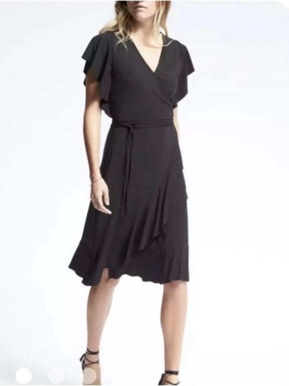 Banana Republic Black Wrap Midi Dress with Flutter Sleeves